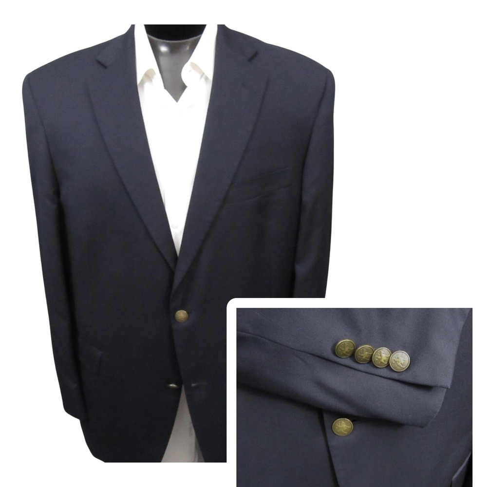 Hart Schaffner Marx Blue Blazer 44R Navy Bronze Button Single Vent